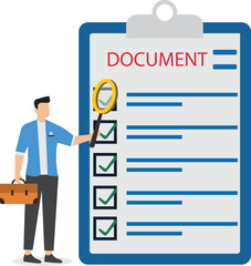 Inspect or review document, report or legal audit, quality assurance, search for document, information or research, investigate, proof or checking concept, businessman with magnifier inspect document