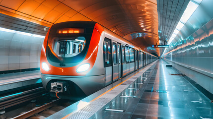 Modern subway train arriving at clean, well-lit station