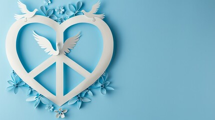 2D paper crafts art featuring a heart with a peace symbol and doves in minimal style Stock Photo with copy space