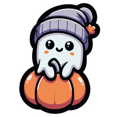 Vector sticker of kawaii ghost wearing hat. Cute cartoon character in the style of digital art