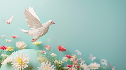 Obraz premium Minimal 2D paper crafts art of a white dove flying over a globe with flowers Stock Photo with copy space