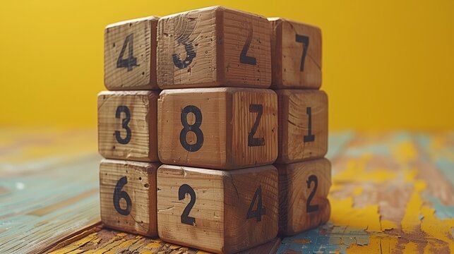 Wooden cubes with numbers arranged in a pyramid on a vibrant yellow background. This minimalist and bright composition emphasizes simplicity and numerical concepts