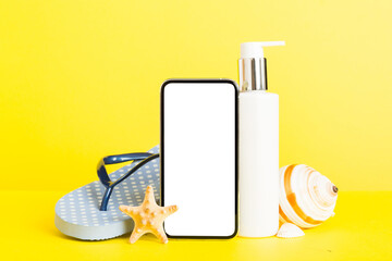 Smartphone mock up template with summer objects. Perspective view with copy space for text