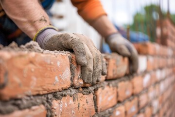 Skilled Bricklayer's Hands Smoothing Mortar Between Bricks in Meticulous Construction Process