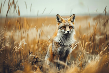 Obraz premium Red fox in the field. Beautiful wild animals in the nature