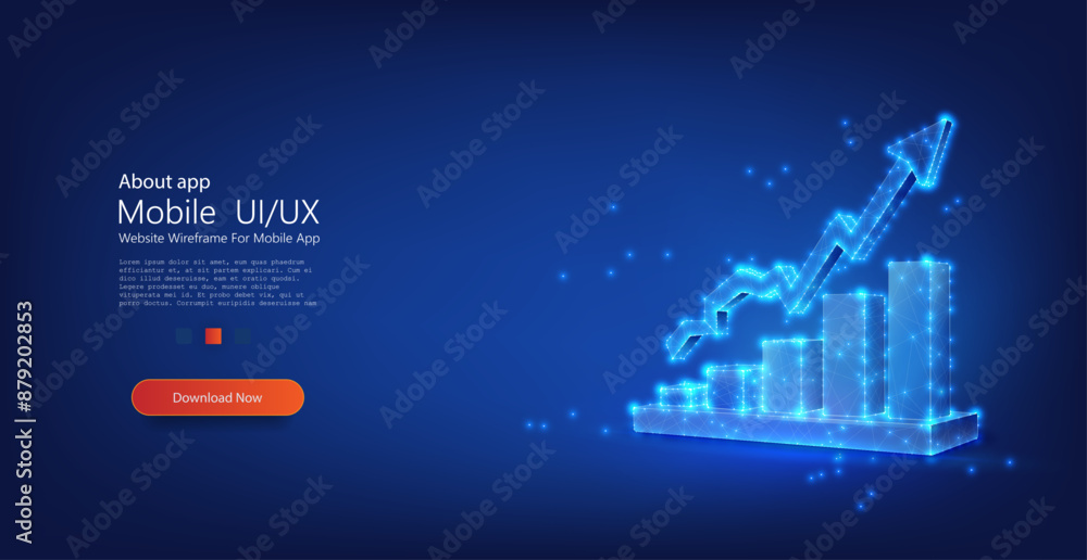 Poster dynamic 3d economic growth chart in neon wireframe style. polygonal wire frame low poly mash looks l