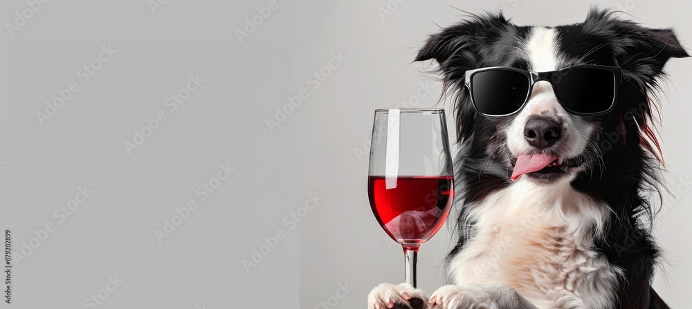 Poster Border Collie wearing sunglasses and holding a glass of red wine