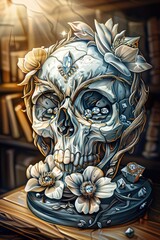 Obraz premium Jeweled Skull Adorned with Flowers and Crystals