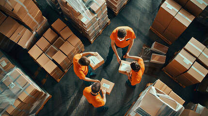Warehouse workers organizing and scanning barcodes on boxes