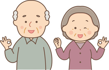 オッケーサインをする笑顔のシニア夫婦