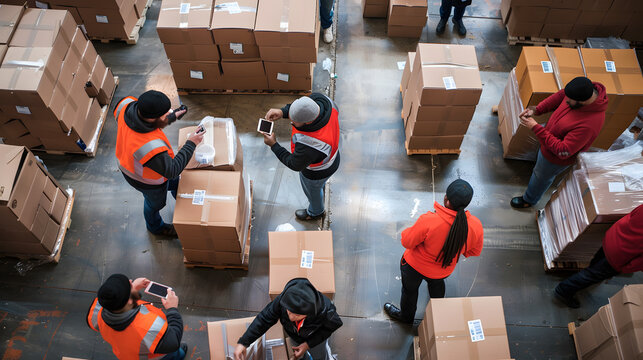Warehouse workers organizing and scanning barcodes on boxes