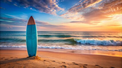 Serene coastal scene featuring a blue surfboard leaning against a warm peach-colored wall with calm ocean waters in the background.