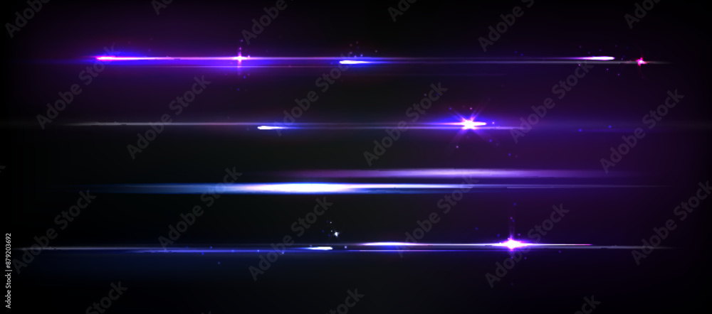 Poster blue and purple line with light flare on black background. bright with streak neon glow effect and s