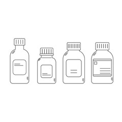 Set of linear pills bottles icons. Medicine containers with prescription label. Editable stroke