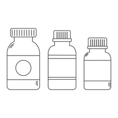 Set of line art pills bottles icons. Plastic containers for drugs. Editable stroke