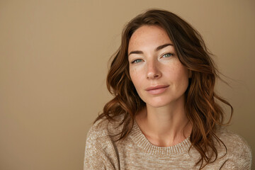 Fototapeta premium A portrait of an attractive woman in her late thirties with medium-length dark brown hair, wearing no makeup and a natural expression on her face. She has blue eyes and is standing against a beige bac
