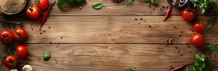 Fresh juicy vegetables, herbs and seasonings on a wooden background, copy space, place for text