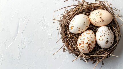 Eggs in a nest on a white backdrop for Easter