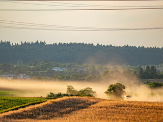Mähdrescher bei der Arbeit auf dem Feld