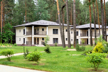 Modern two-story houses are located in a pine forest
