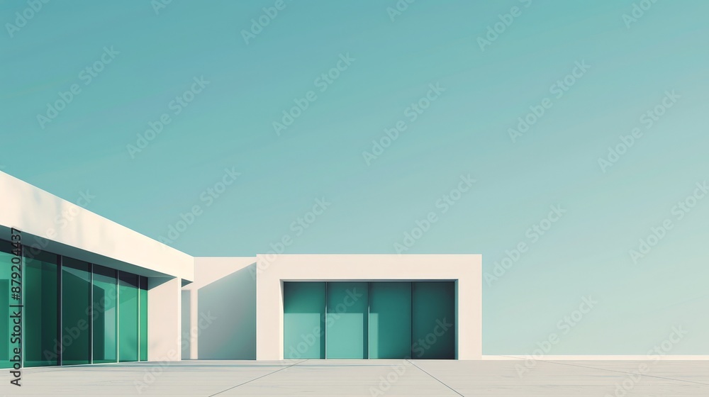 Poster futuristic minimalist 2d flat illustration of cutting-edge architecture with sleek lines and depth o