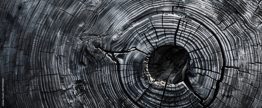 Poster abstract wood grain pattern background, circular rings resembling a tree trunk texture in monochrome