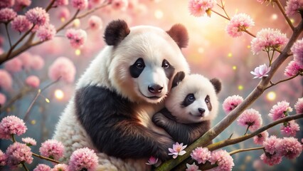 Adorable mother panda cradles her baby amidst vibrant cherry blossoms in soft pink hues, exuding serenity and maternal love.