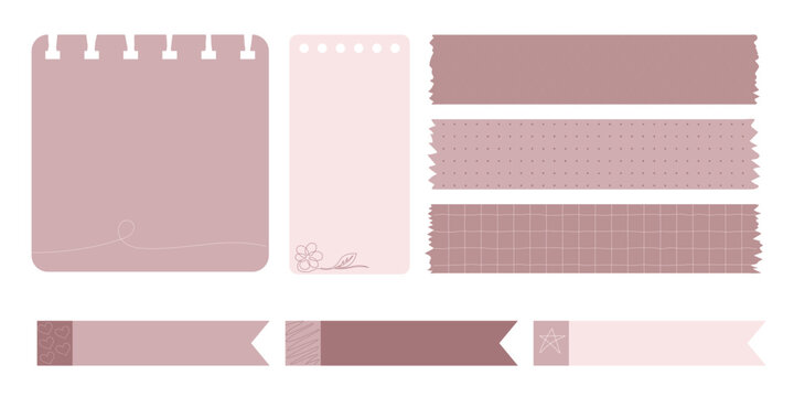 Collection of Cute Blank paper notes for to-do list, Daily and Weekly Planner. Scrapbook Stickers, different pieces of washi tape and bookmarks for scheduler or organizer