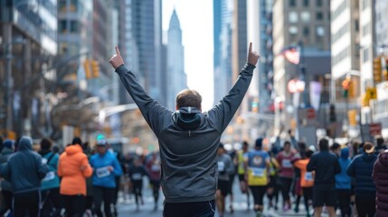 Man with Down syndrome completing marathon, arms raised in triumph. Urban cityscape, cheering crowd. 