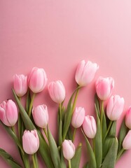 Fototapeta premium Pink Tulips on Pink Background - Beautiful Flowers for Spring - Colored Tullips - Background for Mother's Day, Woman's Day, Valentine's Day or Birthday - Space for Copy or Text