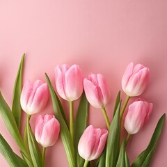 Naklejka premium Pink Tulips on Pink Background - Beautiful Flowers for Spring - Colored Tullips - Background for Mother's Day, Woman's Day, Valentine's Day or Birthday - Space for Copy or Text