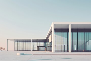 Fototapeta premium Modern Transport Hub Architecture in Minimalist 2D Flat Illustration With Sleek Lines and Open Spaces Against Serene Background