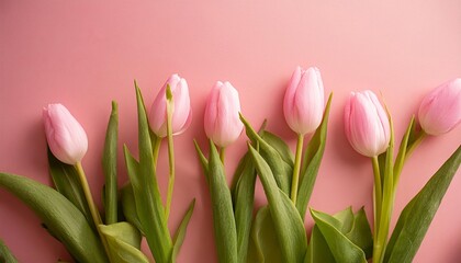 Fototapeta premium Pink Tulips on Pink Background - Beautiful Flowers for Spring - Colored Tullips - Background for Mother's Day, Woman's Day, Valentine's Day or Birthday - Space for Copy or Text