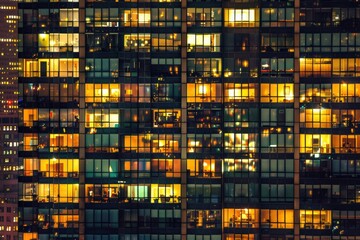 Pattern of office buildings windows illuminated at night