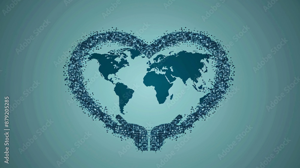 Poster cartoon globe surrounded by hands forming a heart shape on a simple background stock photo with copy