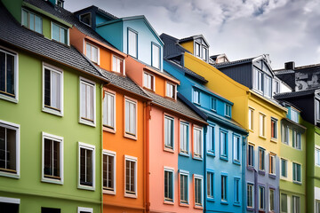 Obraz premium Facciate esterne di edifici residenziali, case, colorate in diversi colori con molte finestre, balconi, porte.. Illustrazione case colorate.
