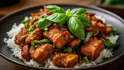 Fototapeta premium Delicious Asianinspired meal with rice and meat garnished with basil