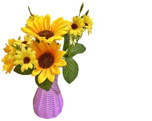 Purple flower vase made from plastic with weave pattern and many beautiful blooming sunflowers isolated on white background