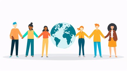 People holding hands around a globe in a circle illustration Stock Photo with copy space
