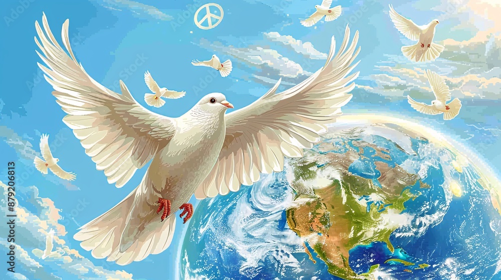 Poster white dove flying over a globe with peace signs in a simple illustration stock photo with copy space