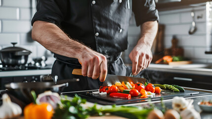 Professional Chef Preparing Fresh Vegetables in Modern Kitchen