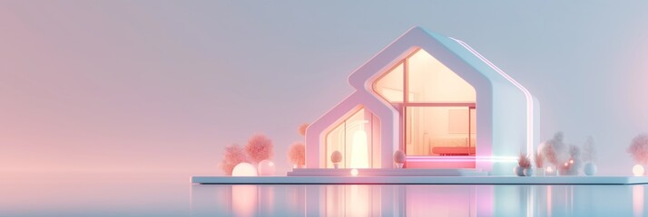 Illuminated neon house outline on a gradient background.