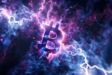 Flashing purple Bitcoin symbol against an electrified dark blue background as abstract power financial illustration concept. 