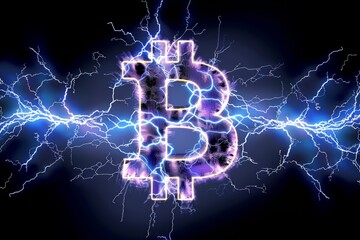 Flashing purple Bitcoin symbol against an electrified dark blue background as abstract power financial illustration concept. 