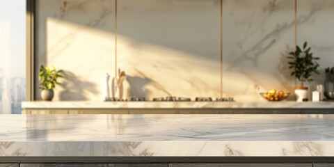 Modern kitchen counter with plants and cooking utensils in a bright, stylish kitchen, ready for meal preparation.