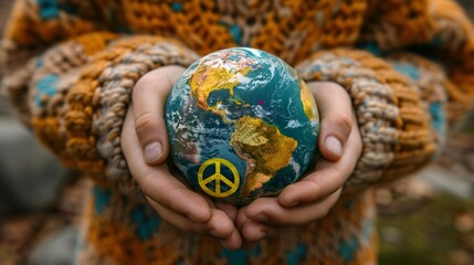 Hands holding a globe with peace signs for International Peace Day Stock Photo with copy space
