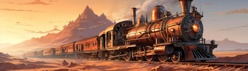 Fototapeta premium Oldfashioned train with a digital holographic schedule display, blending vintage transportation with modern elements, Steampunk, Warm tones, Digital painting