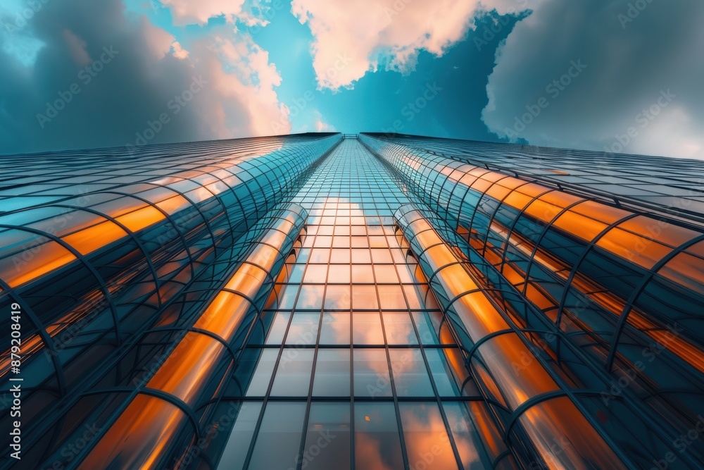 Poster skyscraper of office building with curve glass window, futuristic architecture