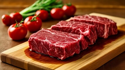 Fototapeta premium Deliciously prepared steak with fresh tomatoes on a wooden cutting board