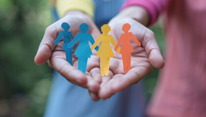 A person is holding a paper cutout of a family in their hands, an art piece with blue tones